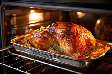 Fototapeta premium Roasted turkey cooking in oven with herbs and spices for festive meal