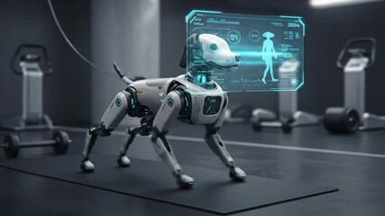 A futuristic robotic dog with a holographic interface for exercise tracking. - Powered by Adobe