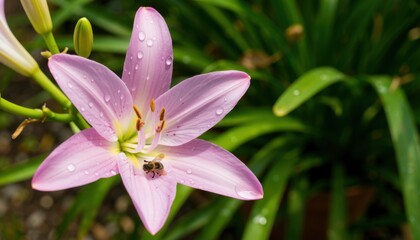 Bee pollinating pink lily flower in lush garden macro photography nature's beauty close-up perspective
