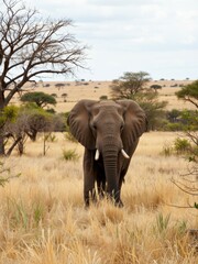 Fototapeta premium Majestic elephant encounter in african savanna wildlife photography natural habitat close-up view conservation awareness