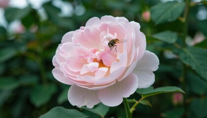 Obraz premium Bees pollinating pink roses in a lush garden close-up nature photography springtime beauty