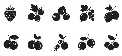 Simple black and white silhouettes of various berries and fruits for design elements