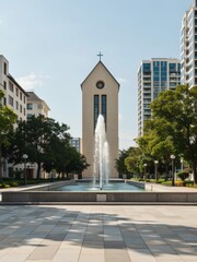 Obraz premium Modern fountain feature in urban setting downtown city photography daylight aesthetic appeal