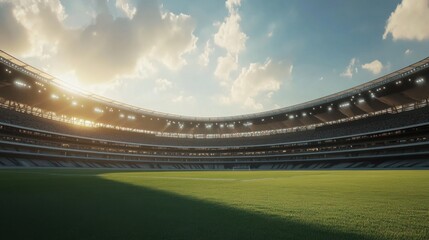 Majestic view of a football stadium bathed in golden light at sunset