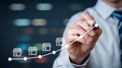 Business growth visualization showing expanding franchise locations and increasing success with upward trend line