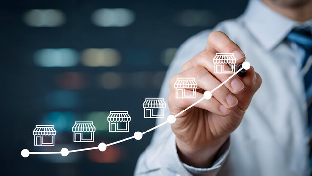 Business growth visualization showing expanding franchise locations and increasing success with upward trend line