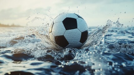 Naklejka premium Dynamic action shot of a soccer ball splashing in the sea with blue water
