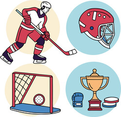 Isolated hockey day sports icon set, includes hockey stick, puck, skates, helmet, goalpost, trophy, player pose, editable vector for winter games, match promotion, athlete celebration, and event banne