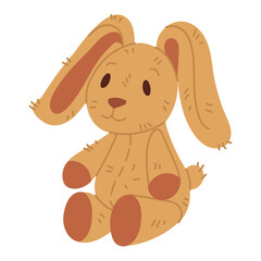 Soft plush rabbit toy. Children's soft, gentle toy with long ears on side. Flat, isolated, colorful illustration. Soft friend for the child. toy represents fluffy love with soft filling for children's
