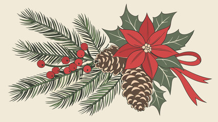 Festive Christmas Arrangement with Poinsettia Pine Cones and Berries.