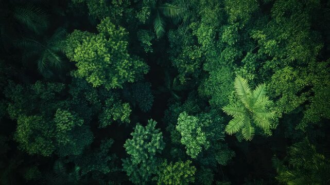 A lush green forest with trees of various sizes. The trees are densely packed and the leaves are green