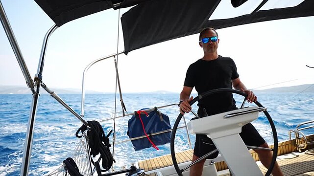 Man standing at the helm of a sailing yacht near Croatia, steering the boat through open water. Leadership, control, sailing lifestyle and freedom at sea.