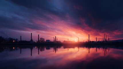 Oil refinery at sunset with towers and pipelines