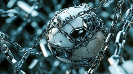 Soccer ball bound by chains, symbolizing restriction and the fight for freedom