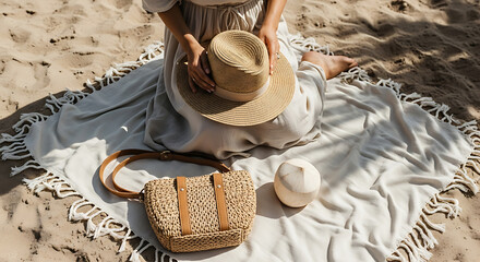 Beachside Relaxation: A serene moment on the sand with hat, bag, coconut and fringed blanket