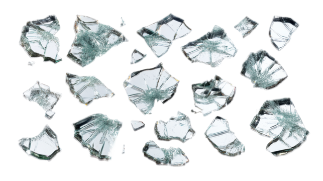 Broken glass pieces scattered on a transparent background