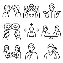 Mediation Icon Set. Line style icons of group disagreement and mediation: two sides debating icon, conflict in group scene,