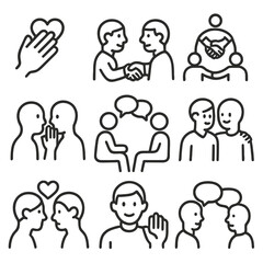 Trust and Friendship Icons. Line style icons of social bonding and trust: hand on heart icon, firm handshake with eye contact,