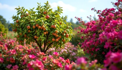 A vibrant orchard scene, with a small fruit tree laden with oranges, surrounded by lush, blooming pink flowers under a bright blue sky.