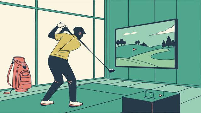 Golfer Practicing Indoor Golf Swing Simulation.