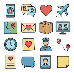 Communication and travel flat icon set. includes phone, chat, heart, plane, map, email, box, video call, and more.
