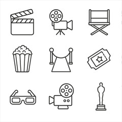 Cinema Icons Collection. Line style icons of film and cinema entertainment: clapperboard icon, film reel with camera, director’s
