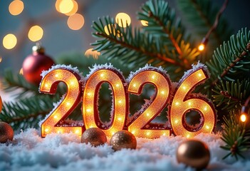 Decorative 2026 numbers illuminated with lights, surrounded by snow and Christmas ornaments, with a pine tree in the background.