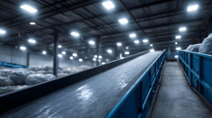 Fototapeta premium Conveyor belt in a modern recycling plant with industrial lighting