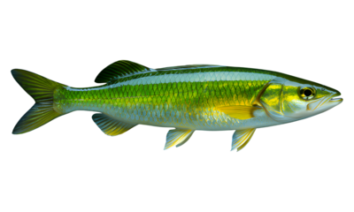 Green Iridescent Fish with Yellow Accents, Glossy 3D Realism Cutout on Transparent Background