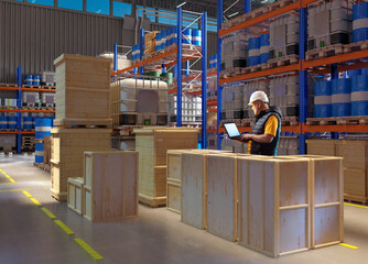 Large industrial warehouse. Man with laptop in storage area. Logistics warehouse. Distribution...
