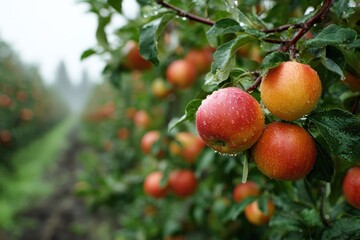 Obraz premium Lush orchard filled with ripe fruits under a rainy sky, with soft mist and water droplets clinging to fresh leaves, showcasing the beauty of organic farming and sustainable outdoor agriculture