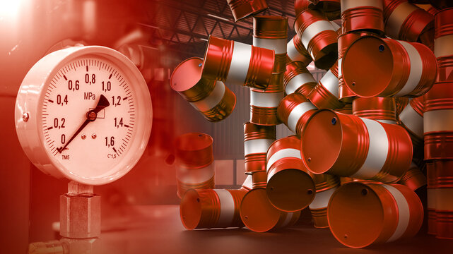 Falling oil production concept. Falling red barrels inside hangar. Counter shows no pressure. Metaphor for decline in oil production. Crisis of fuel industry. Petroleum, gasoline. 3d image