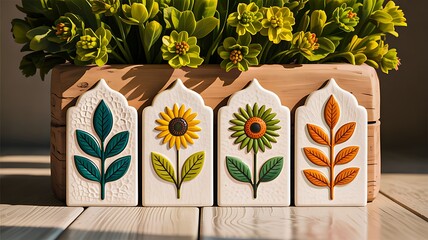 Handcrafted floral tiles with decorative leaves and sunflowers