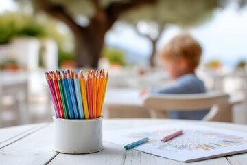 Children reading corner space concept. Colorful pencils in a cup with a child coloring in the background outdoors.