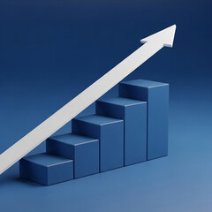 Photo of blue bar chart showing upward trend with a white arrow pointing up representing business growth and success
