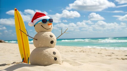 Funny snowman wearing a santa hat and sunglasses with a surfboard on a sunny tropical beach, celebrating christmas and new year in an unusual way