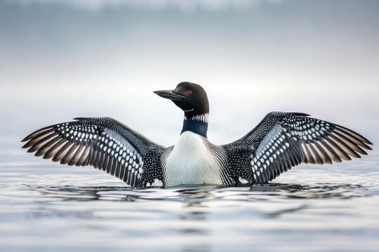 A common loon with wings spread wide swims in misty water during a serene foggy morning, displaying its distinctive plumage