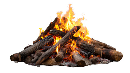 Bright flames rising from a pile of logs with a transparent background