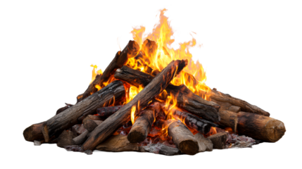 Bright flames rising from a pile of logs with a transparent background