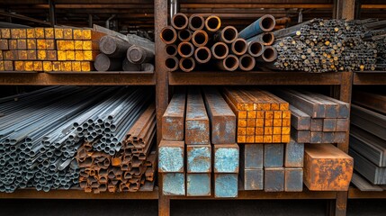 Various metallic beams and pipes stored on shelves in a warehouse setting. Colors include rust, orange, and silver