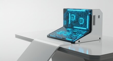 A sleek futuristic quantum analyzer computer on an advanced table against a white backdrop