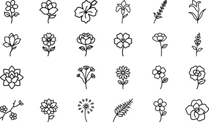 Hand-drawn flower icon bundle set with 25 unique floral illustrations in black line art style for design and decoration