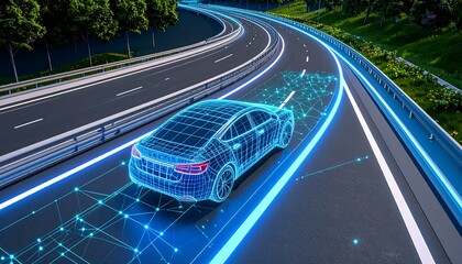 Futuristic self-driving car with holographic connectivity on a highway, symbolizing technological advancements