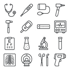 Obraz premium Medical linear icon set: stethoscope, thermometer, bp monitor, otoscope, microscope, x-ray, ecg, test tube, mri, eye chart