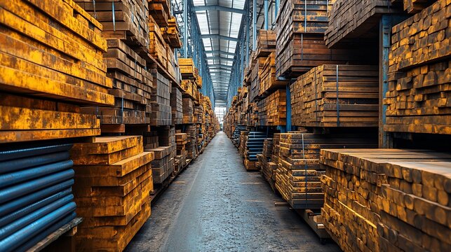 Long industrial warehouse filled with stacked lumber, creating a storage perspective along a central aisle