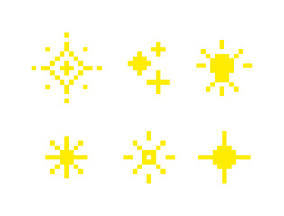 Pixel art sparkle icon set with six black star-shaped glimmer symbols, Pixel Sparkle Icons, 8-Bit Star Effects, Retro Glowing Elements, Pixelated Shine Symbols, Pixel art.	
