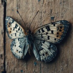Quiet beauty of a spotted butterfly resting on weathered wooden background