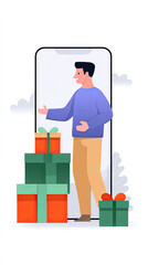 Man with gift boxes standing in front of large smartphone screen