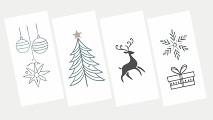 Minimalist Christmas Illustrations Featuring Ornaments Tree Reindeer Snowflake and Gift.