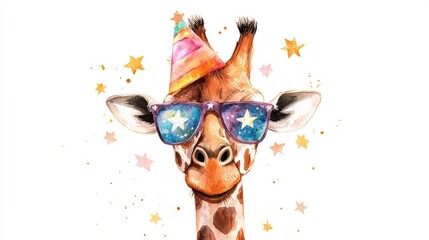 Watercolor giraffe wearing party hat and sunglasses.